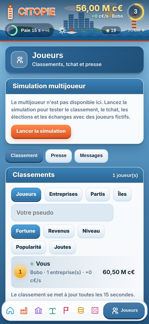Écran des joueurs : classement et tchat